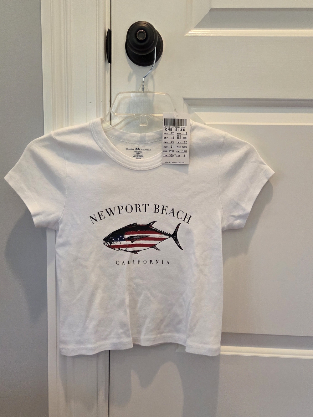 Brandy Melville White Newport Beach Graphic Tee with Flag Fish